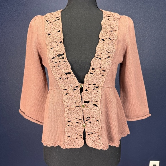 Knitted & Knotted Sweaters - Knitted & Knotted Dusty Rose Cardigan with 3/4 Sleeves and Embellishments, Small